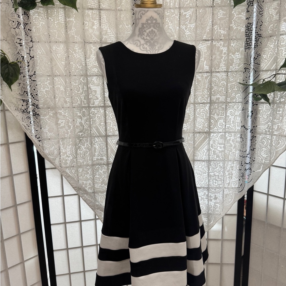 🌷SOLD🌷 Calvin Klein Black and White Fit and Flair Belted Sleeveless Dress Sz 2 - Picture 11 of 13